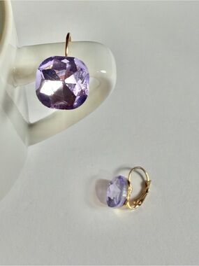 Gold Leverback Earrings with Light Purple Crystal